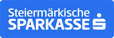 blauer Hintergrund weiße Schrift STeiermärkische Sparkasse und das Logo S mit Punkt oben